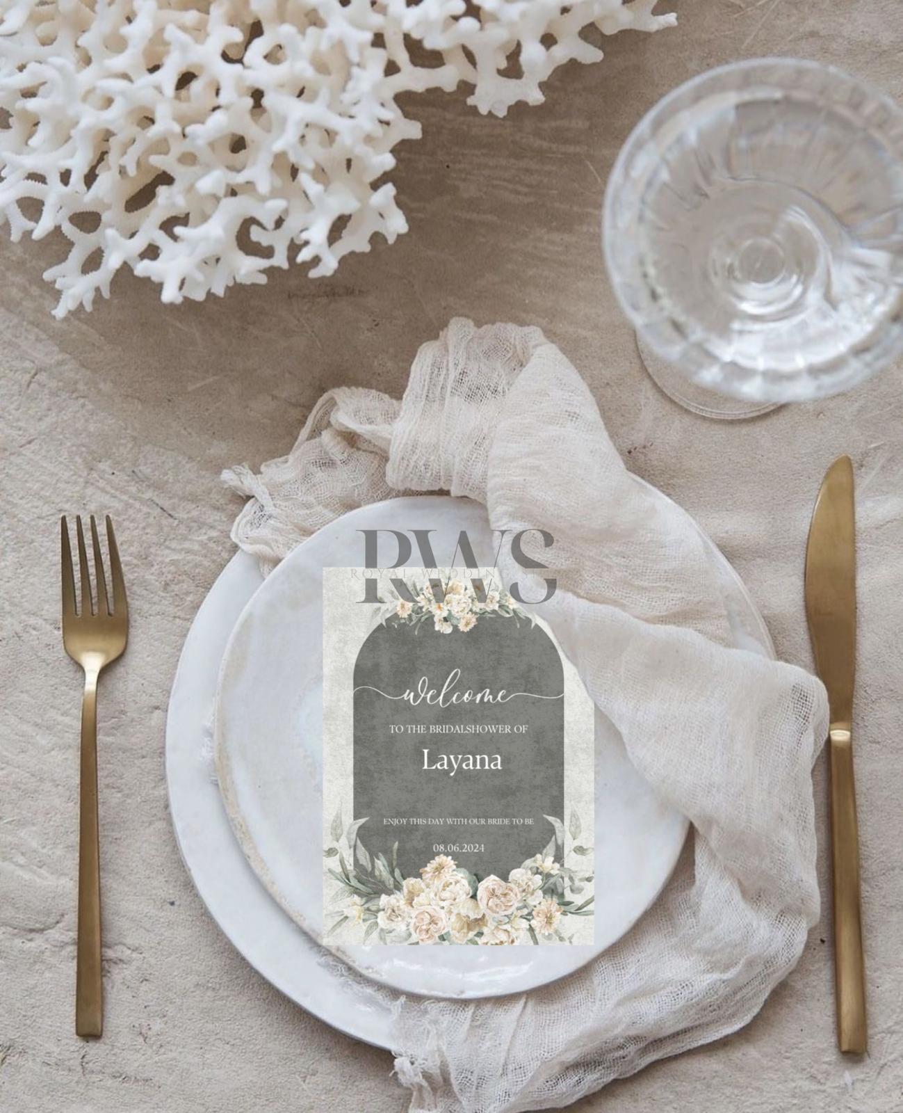 Mintgroen met Beige Bloemen Bridal Shower - Tafelkaart