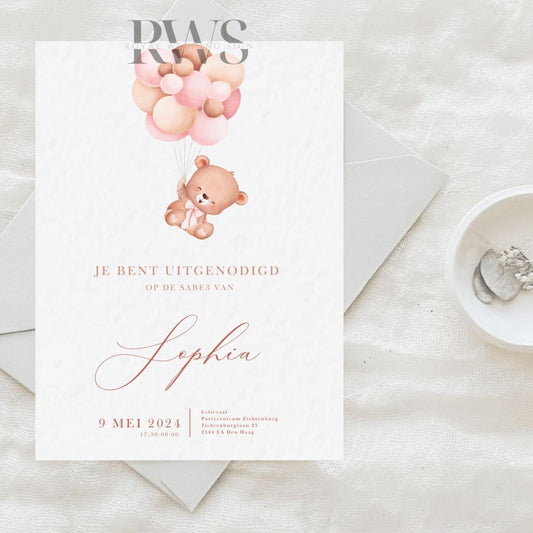 Babyshower Beertje met Ballonnen - Uitnodiging