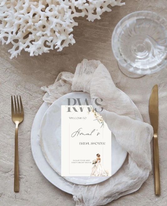 Lichte Taupe Bruid in Jurk Bridal Shower - Tafelkaart